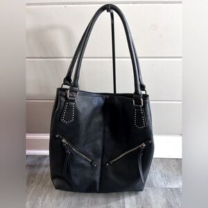 Gussaci Black Vegan Leather Shoulder Bag with Double Zip Pockets Minimalist